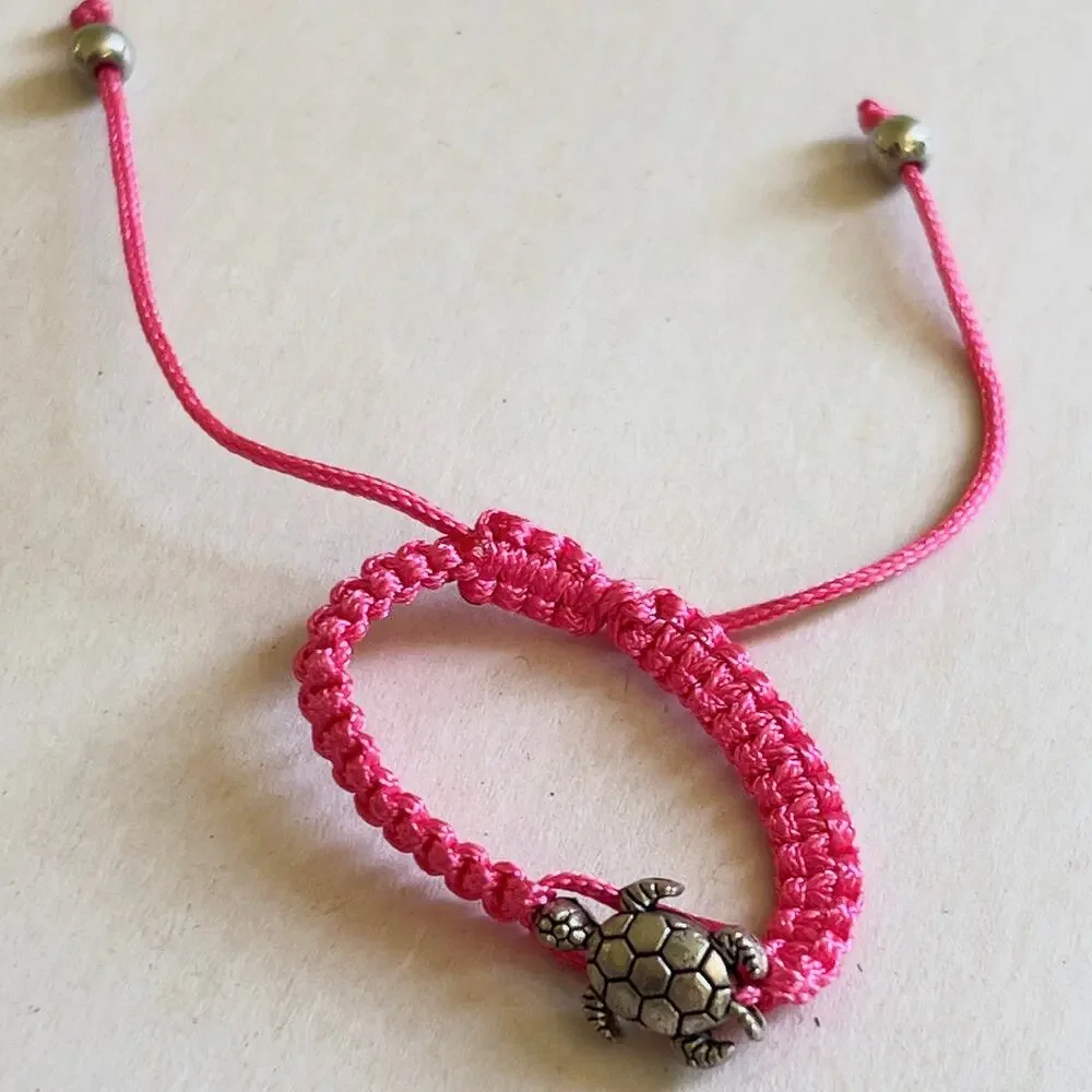 Turtle Pink Adjustable Bracelet Silver Tone Charm Children's Size Handmade